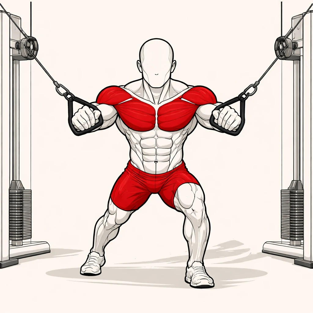 Cable exercises category illustration showing a standing cable fly with highlighted chest and shoulder muscles.