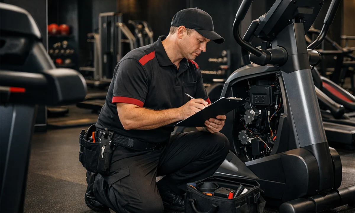 Technician servicing commercial gym equipment to ensure reliability and long-term performance.