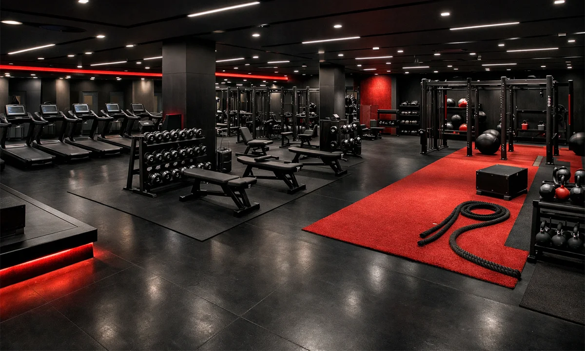 Commercial gym layout showing proper spacing between cardio, strength, and functional training zones.