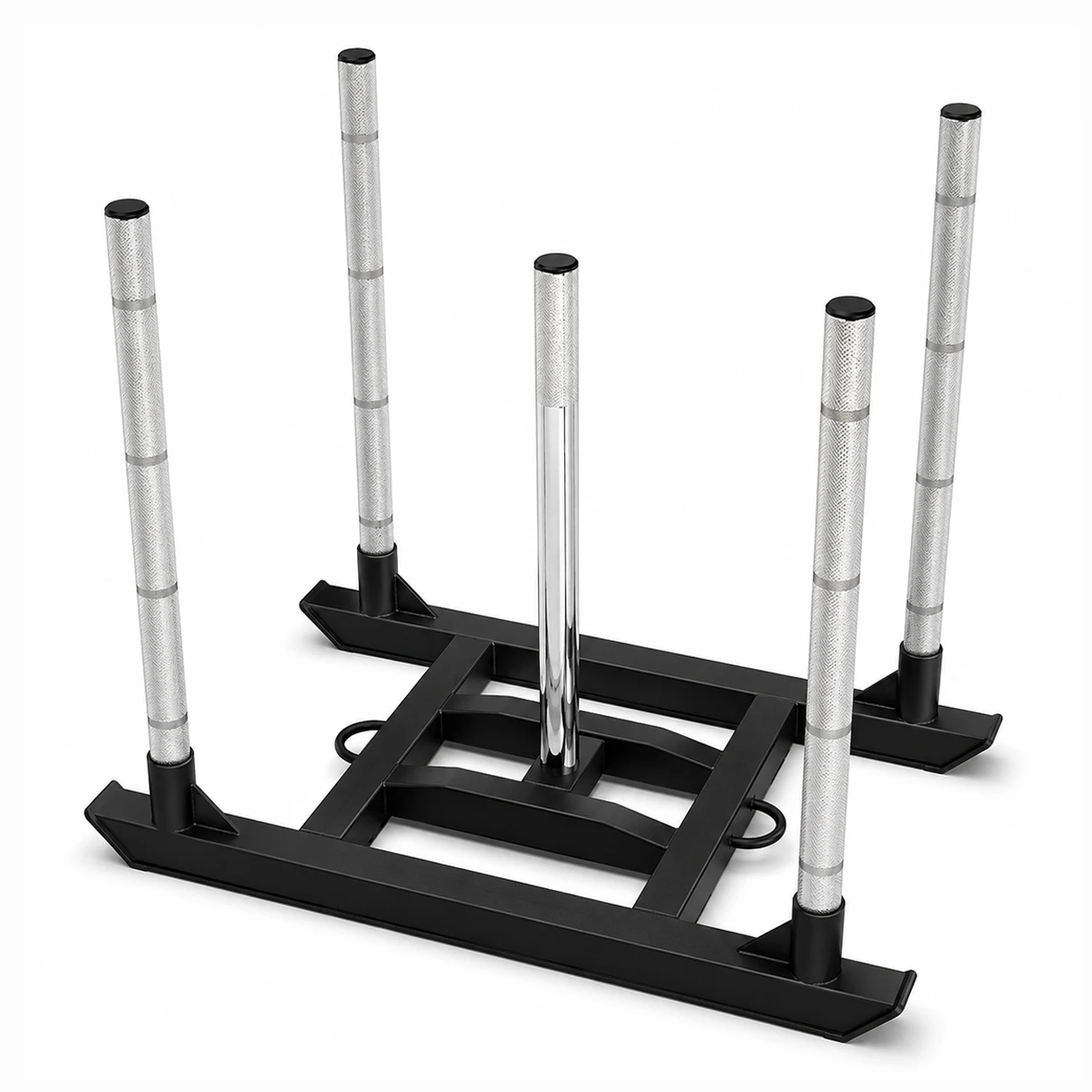 Commercial power sled with four knurled push-pull posts and central plate-loading rod