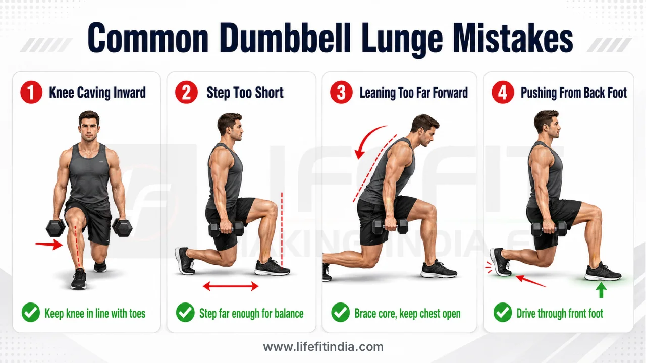 Common dumbbell lunge mistakes showing knee caving inward, short step, forward lean, and back foot push.