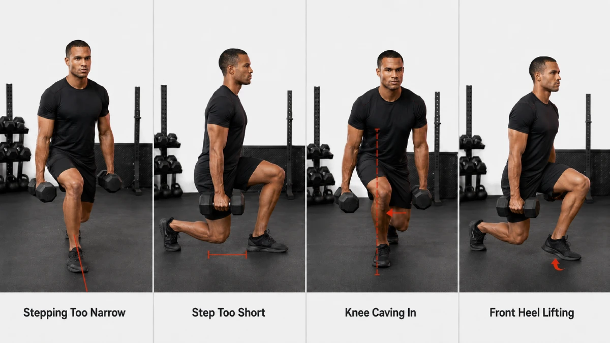 Common dumbbell rear lunge mistakes including knee cave, short stride and heel lift