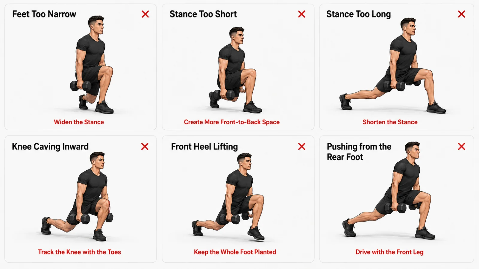 Common dumbbell split squat mistakes including narrow stance, knee cave and front heel lifting
