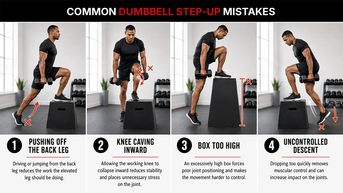 Common dumbbell step up mistakes including back leg push knee collapse high box and fast descent