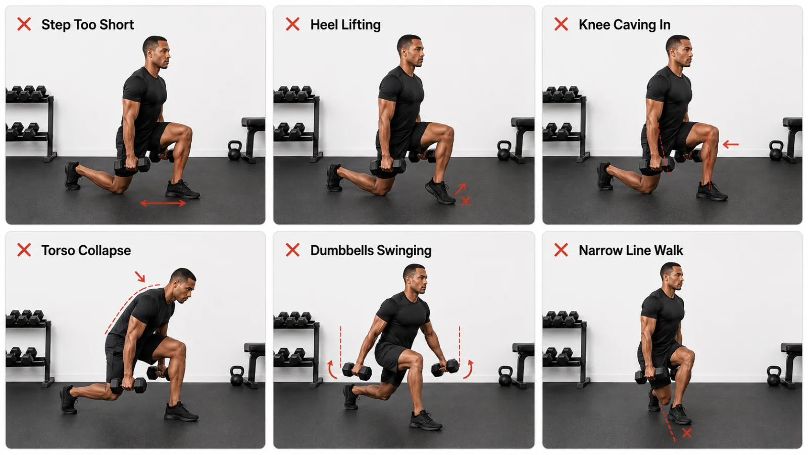 Common dumbbell walking lunge mistakes including short step heel lift knee cave torso collapse and dumbbell swing