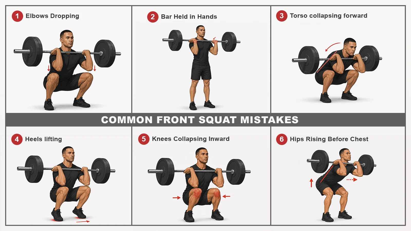 Common front squat mistakes including elbows dropping heels lifting knees collapsing and torso leaning forward