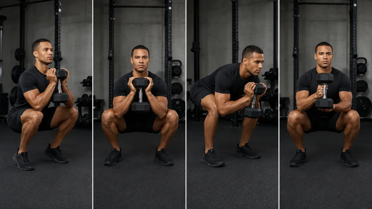 Four-panel fitness graphic showing common dumbbell goblet squat mistakes, including heels lifting, knees caving inward, excessive forward lean, and holding the dumbbell too far away from the chest.