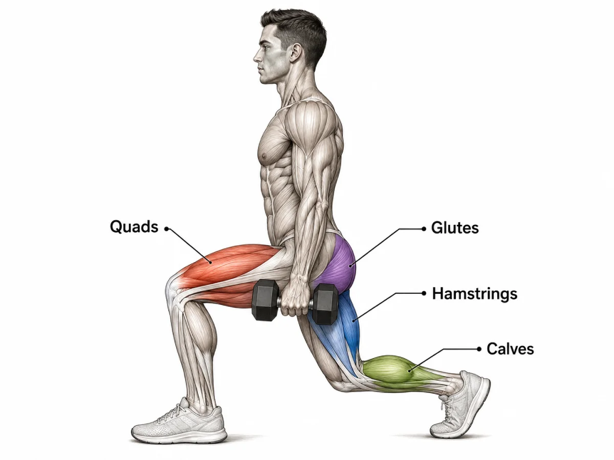Anatomy illustration showing dumbbell lunge muscles worked, including quads, glutes, hamstrings, and calves.