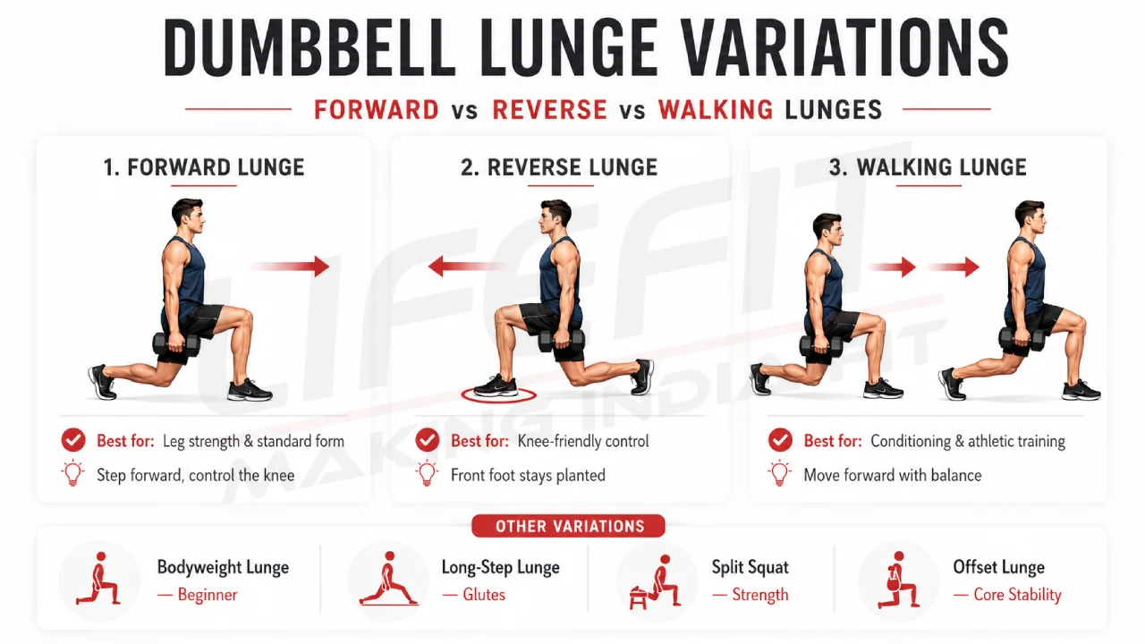 Dumbbell lunge variations showing forward, reverse, and walking lunges with proper form cues.