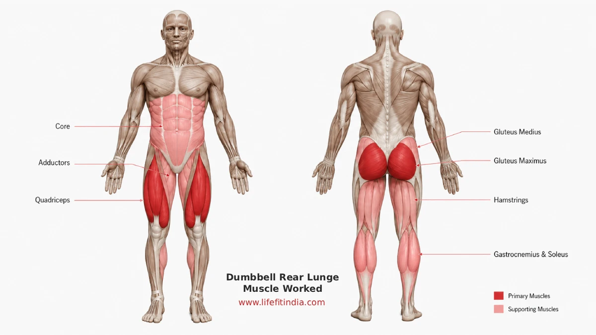 Dumbbell rear lunge muscles worked including quadriceps, glutes, hamstrings and calves
