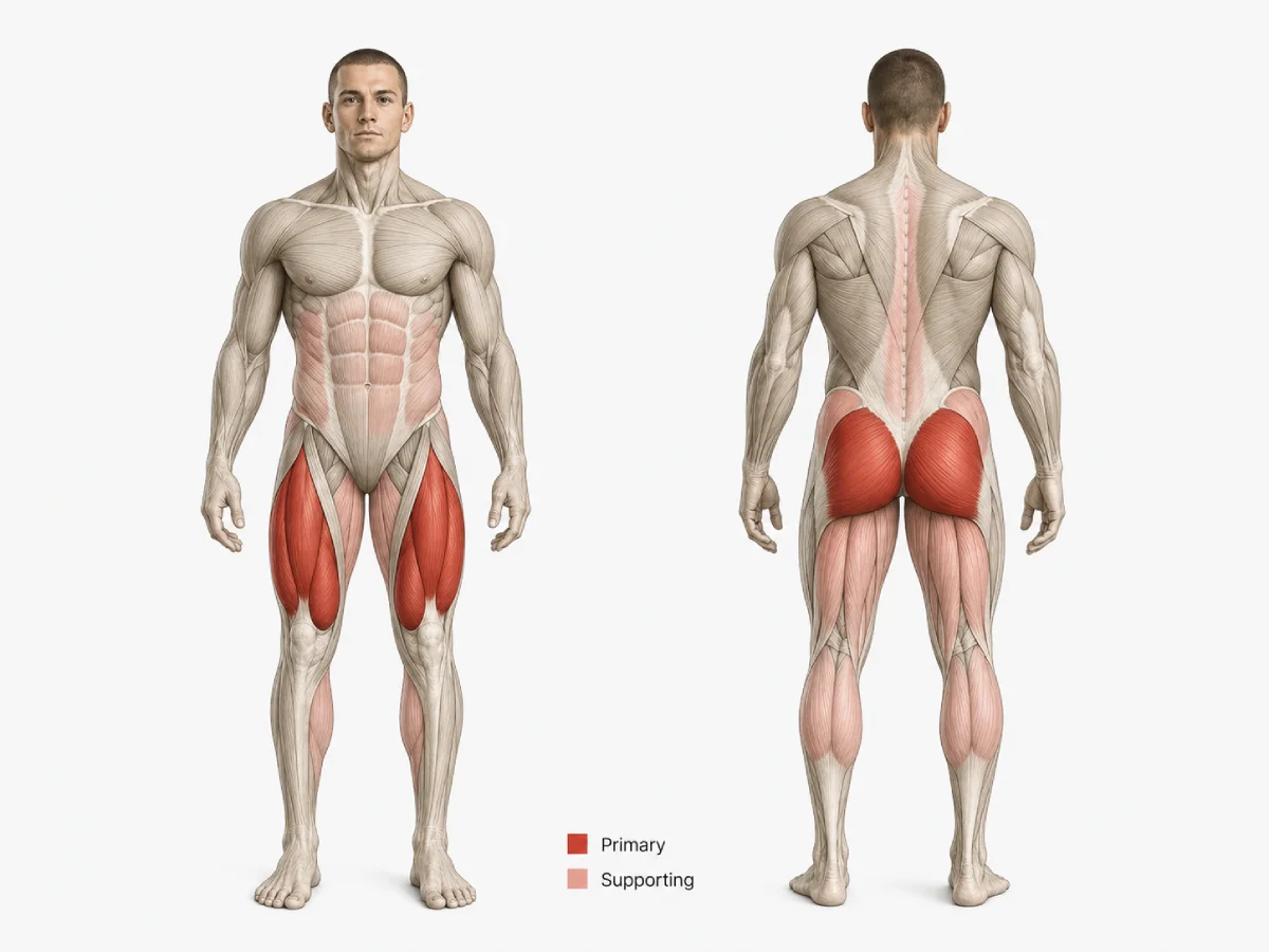 Dumbbell split squat muscles worked showing quadriceps, glutes, hamstrings, adductors and core