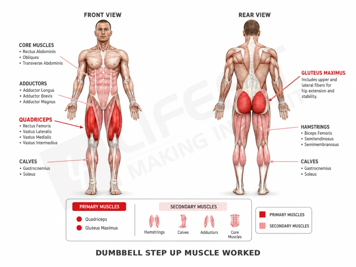 Muscles worked during dumbbell step ups including quadriceps glutes hamstrings calves and core