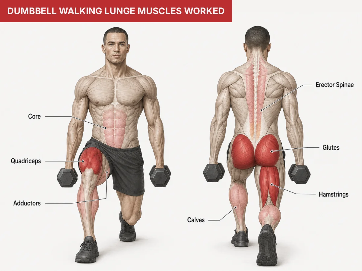 Dumbbell walking lunge muscles worked including quads glutes hamstrings adductors calves and core