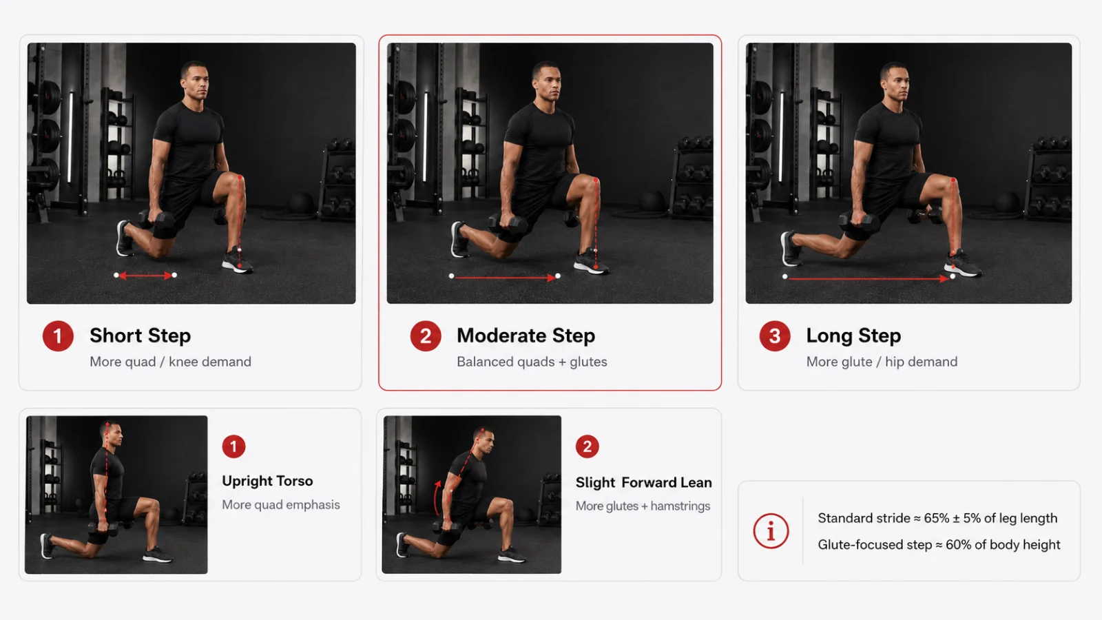 Dumbbell walking lunge stride length and torso angle comparison for quad and glute emphasis