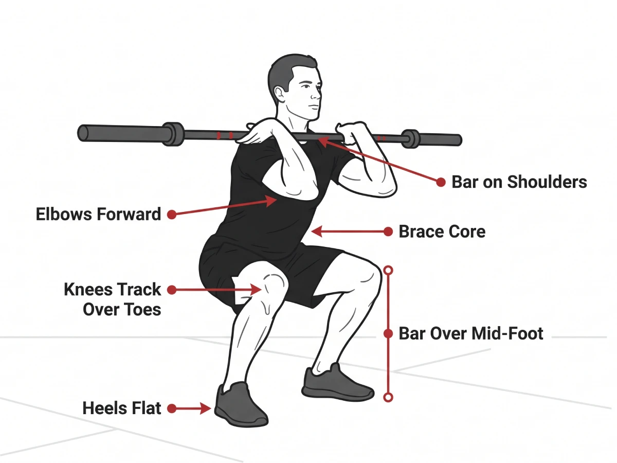 Front squat form checklist showing elbows forward upright torso knees tracking and heels flat