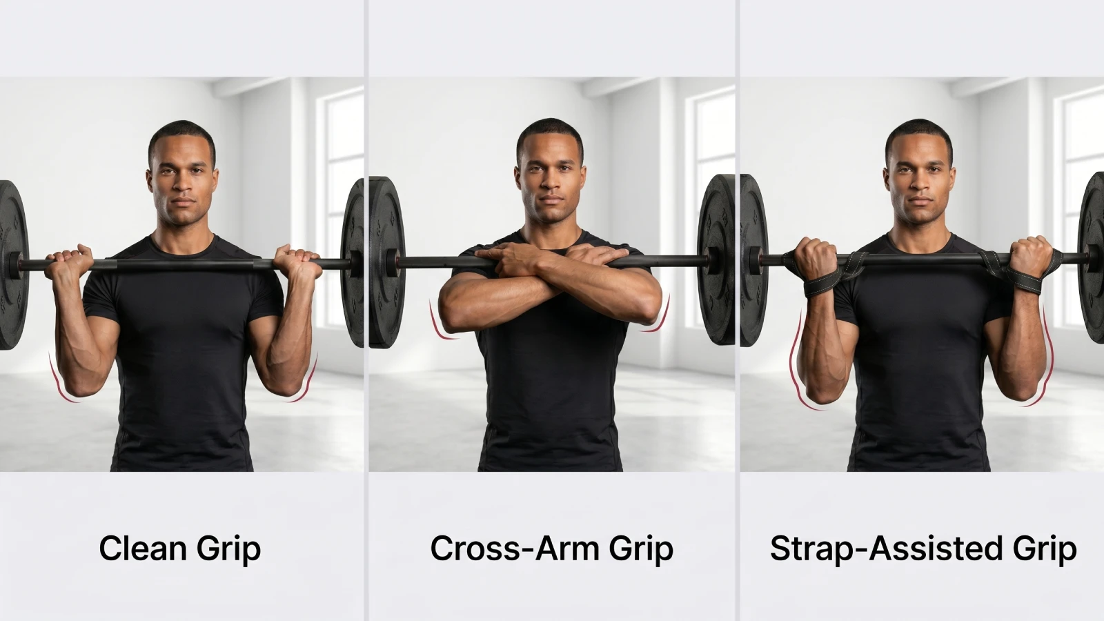 Front squat grip options showing clean grip cross-arm grip and strap-assisted grip