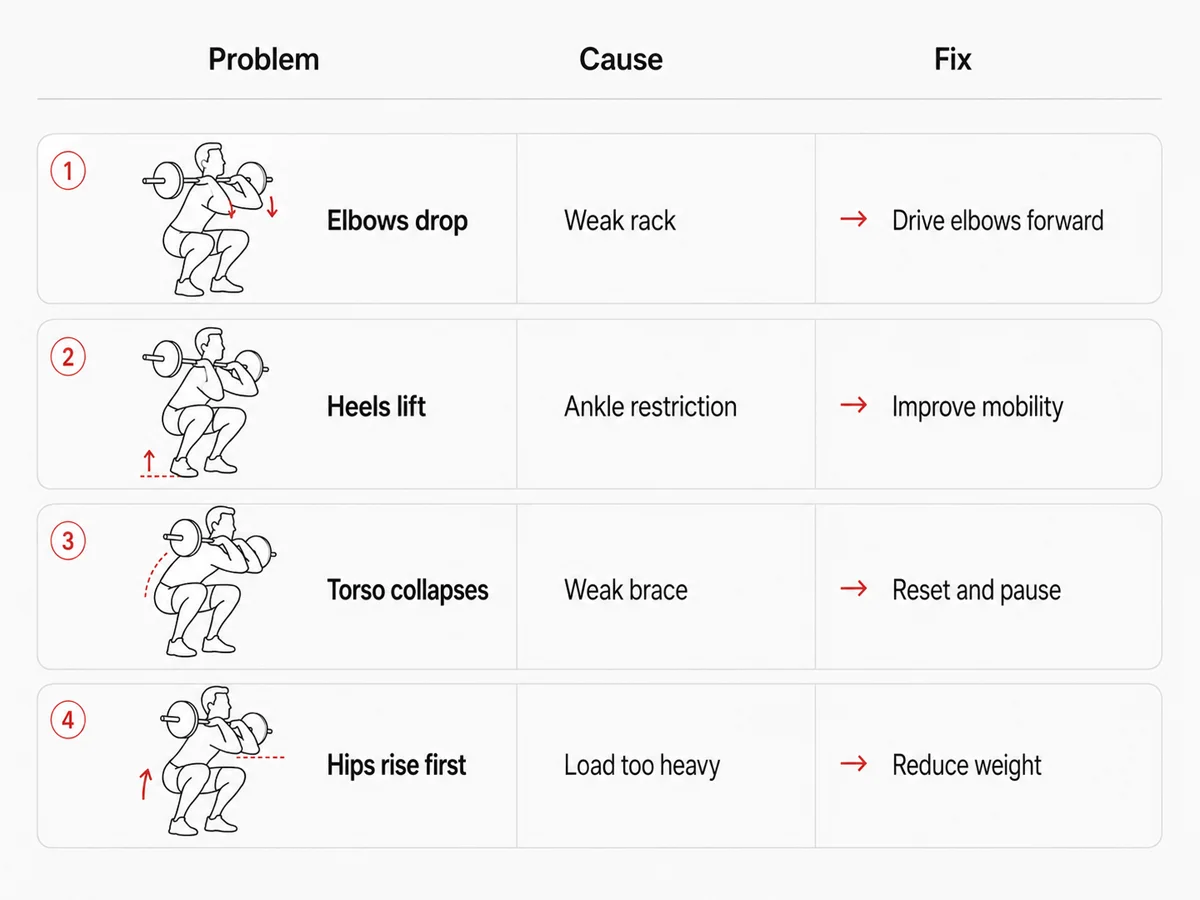 Front squat troubleshooting chart showing problem cause and fix for common form mistakes