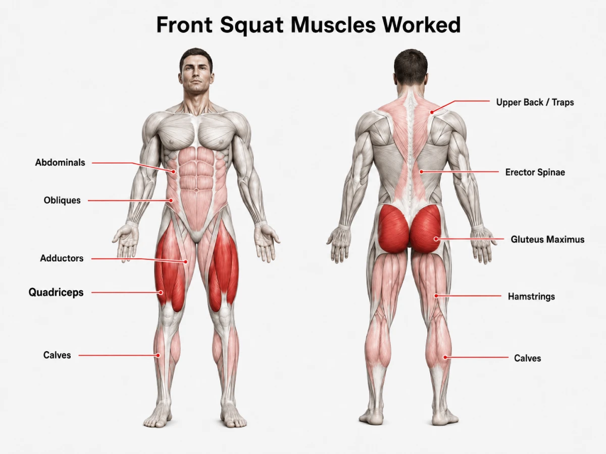 Front squat muscles worked highlighting quadriceps glutes core upper back and adductors