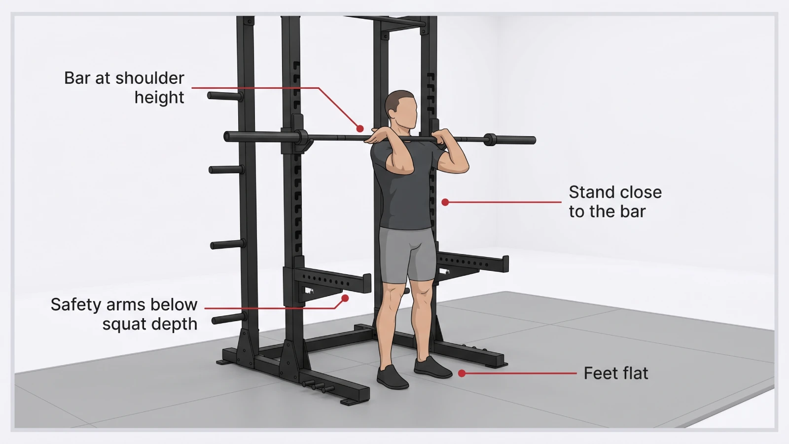 Correct front squat rack setup with barbell at shoulder height and safety arms positioned