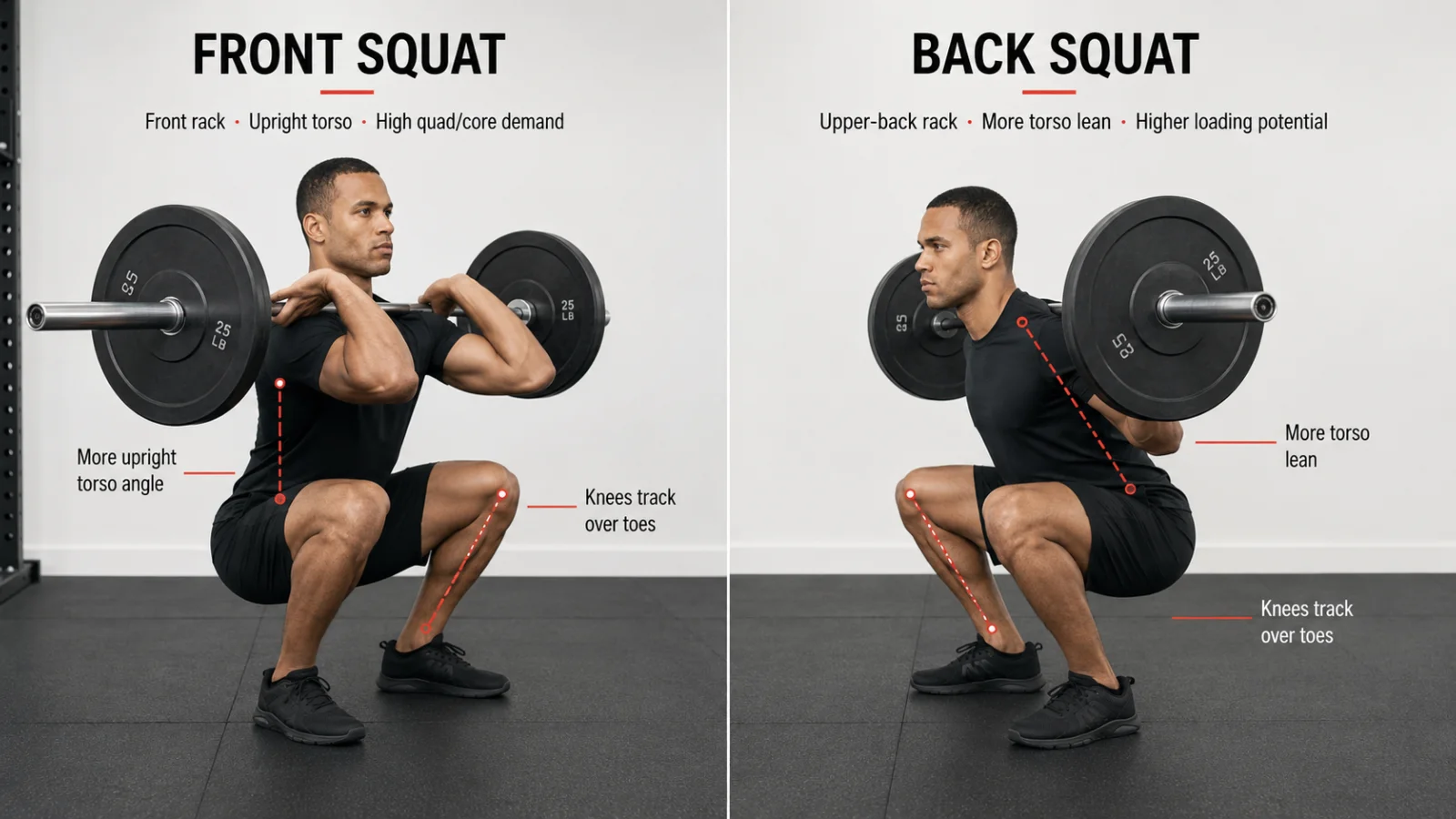 Front squat vs back squat comparison showing bar position torso angle and muscle emphasis