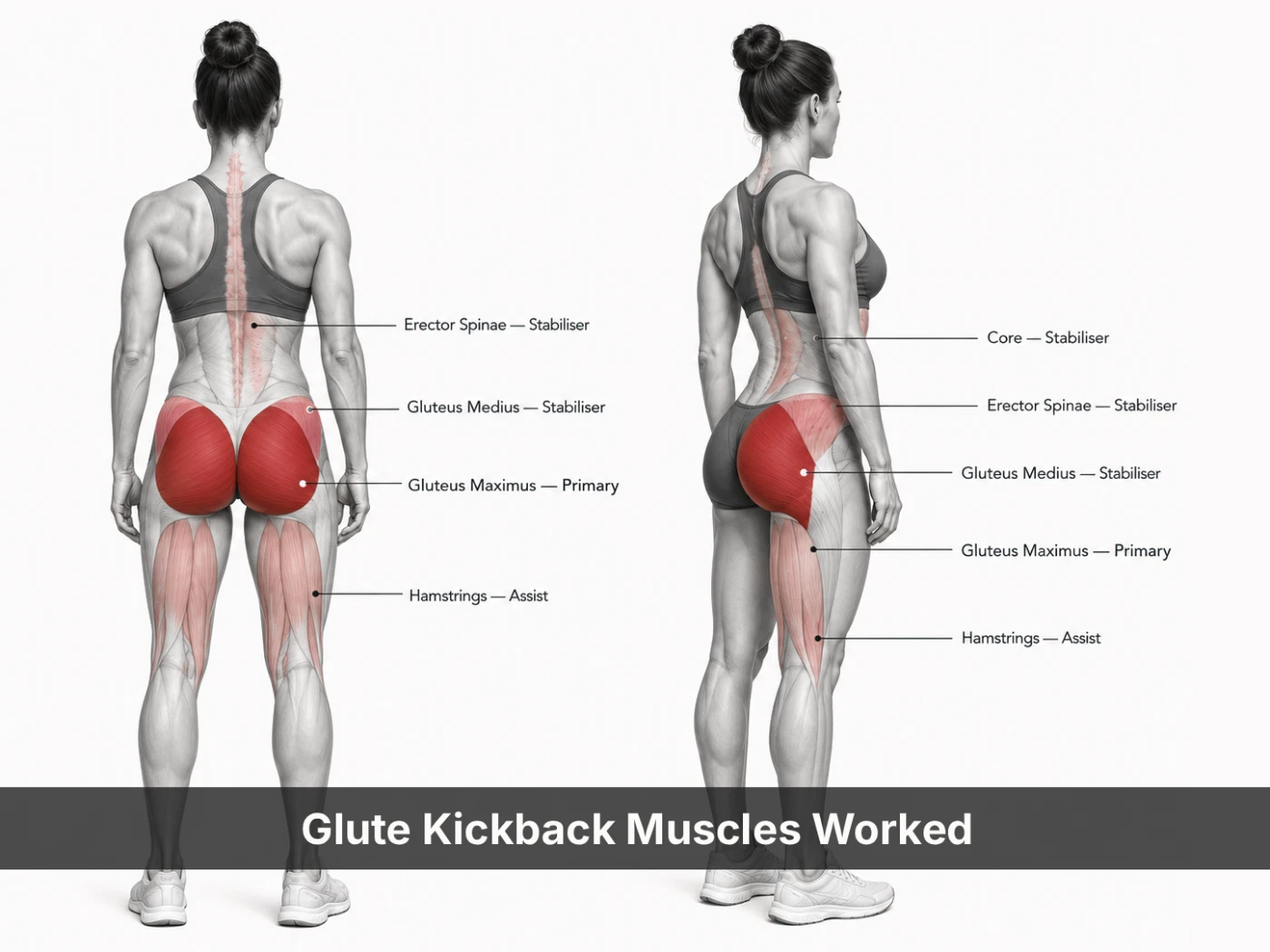 Glute kickback muscles worked showing gluteus maximus, hamstrings and stabilising muscles