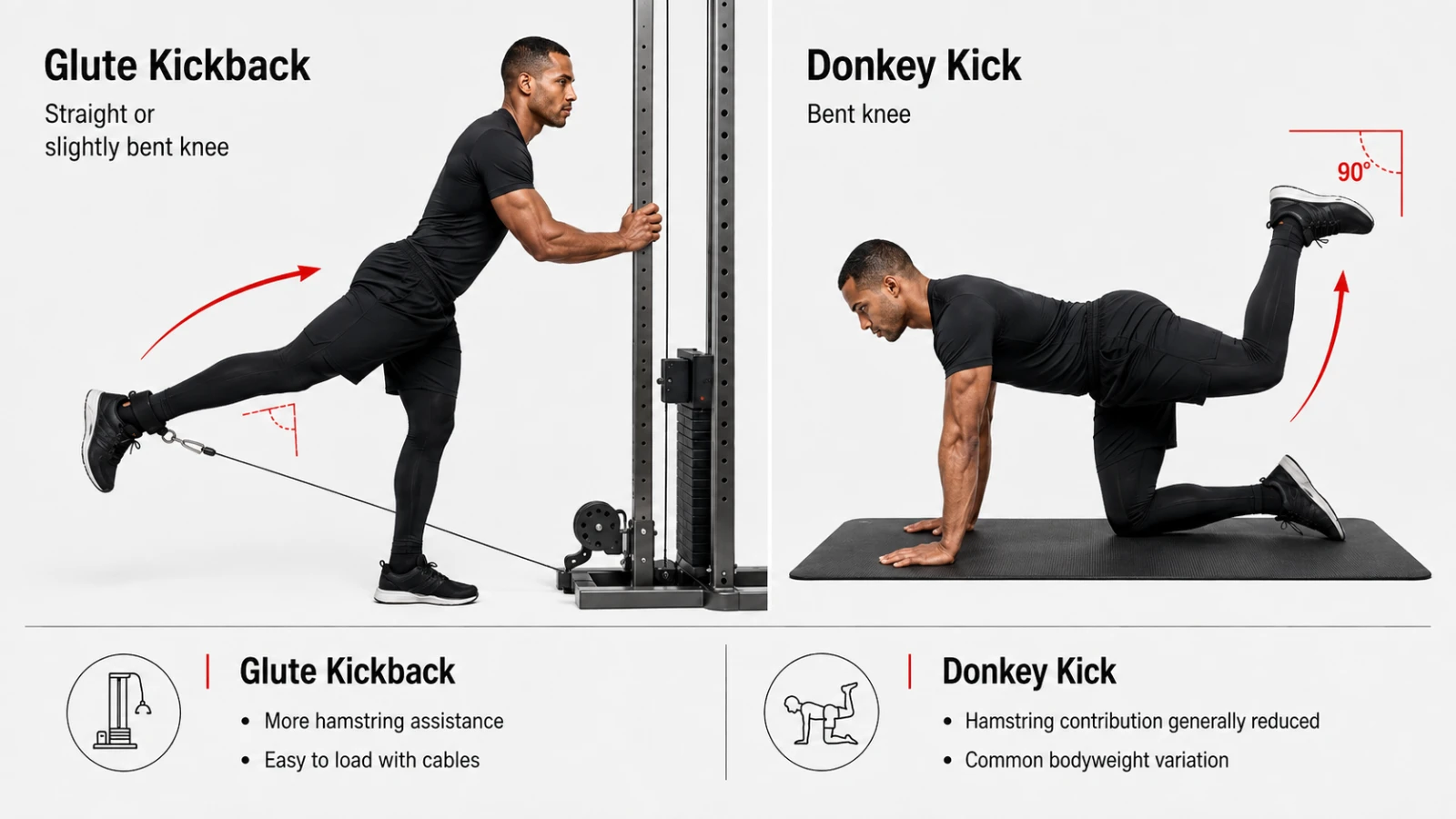 Straight-leg glute kickback compared with a bent-knee donkey kick