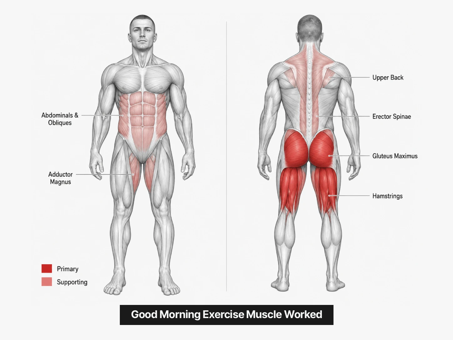 Anatomical illustration of the hamstrings, glutes, erector spinae and core muscles used during good mornings.