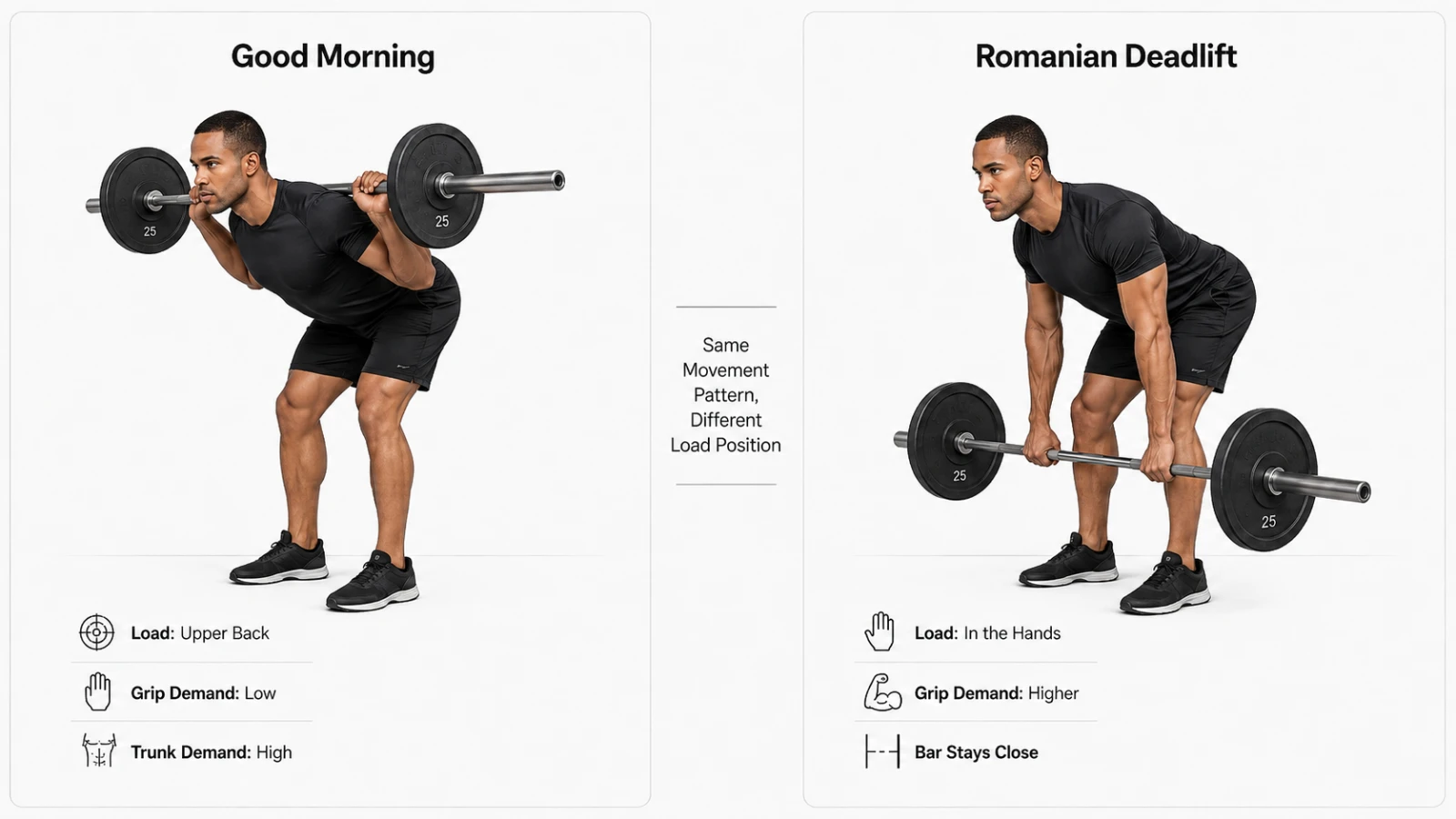 Side-by-side comparison of barbell good mornings and Romanian deadlifts showing different load positions