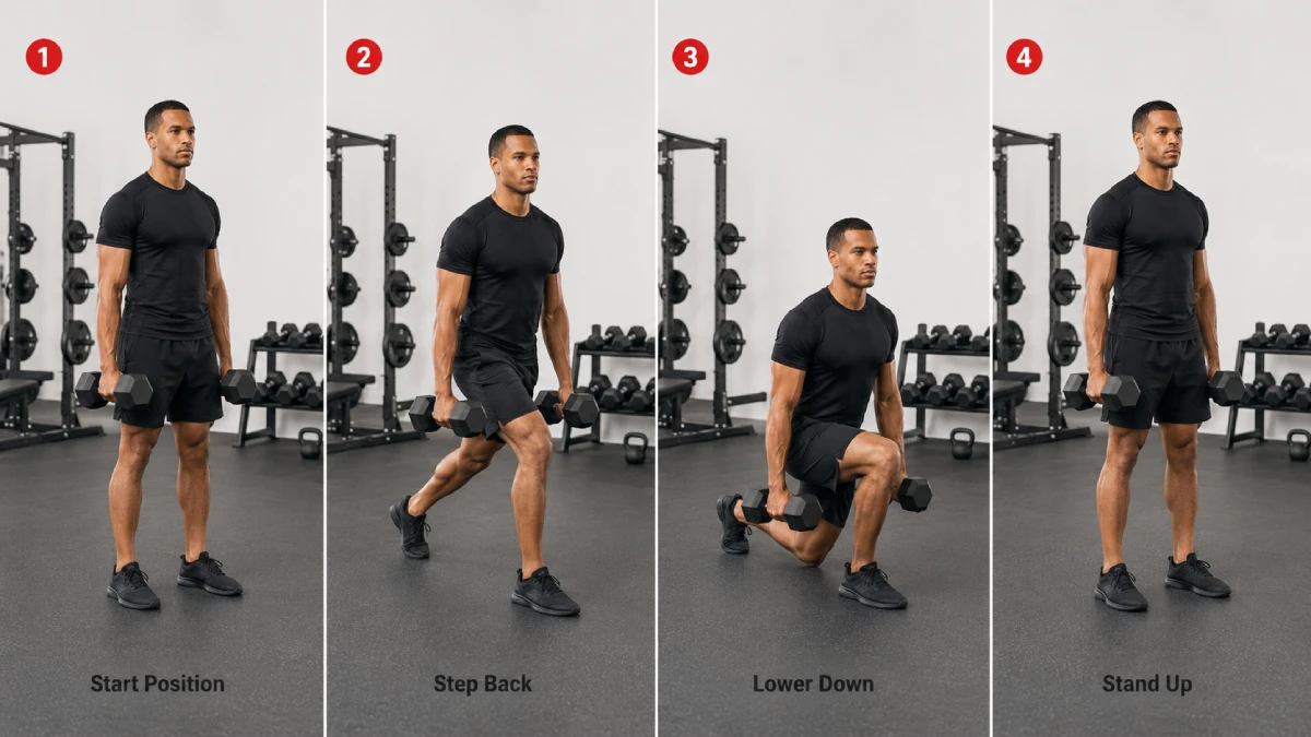 Four-step demonstration showing how to perform a dumbbell rear lunge
