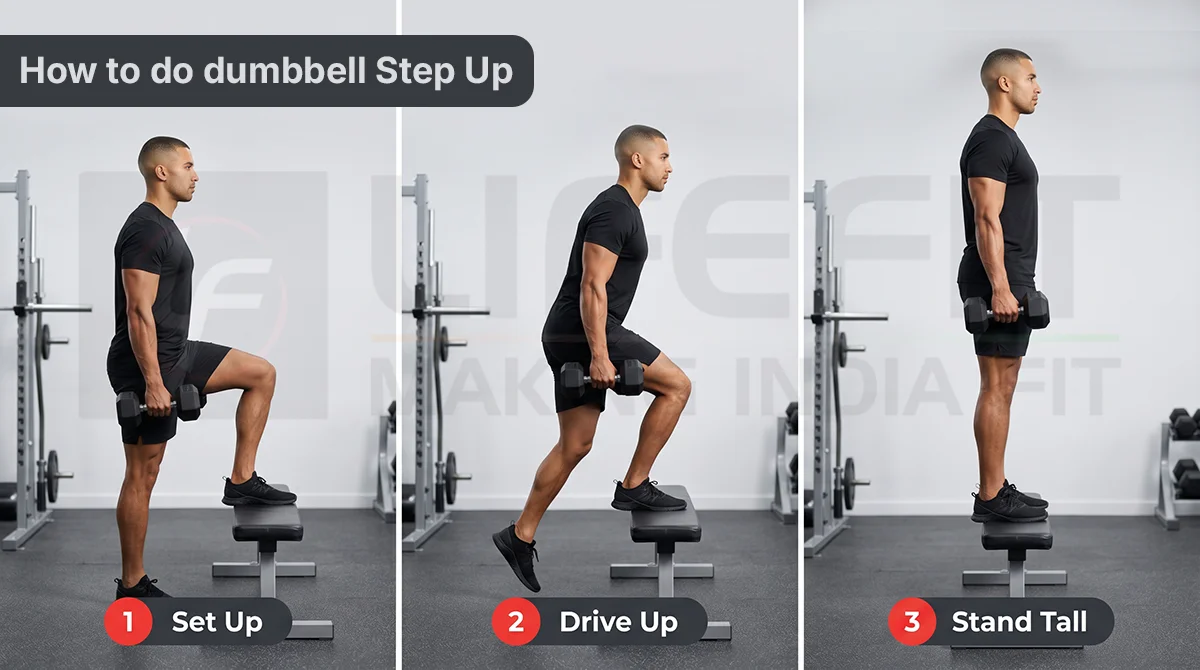 Three-step demonstration showing how to perform a dumbbell step up correctly