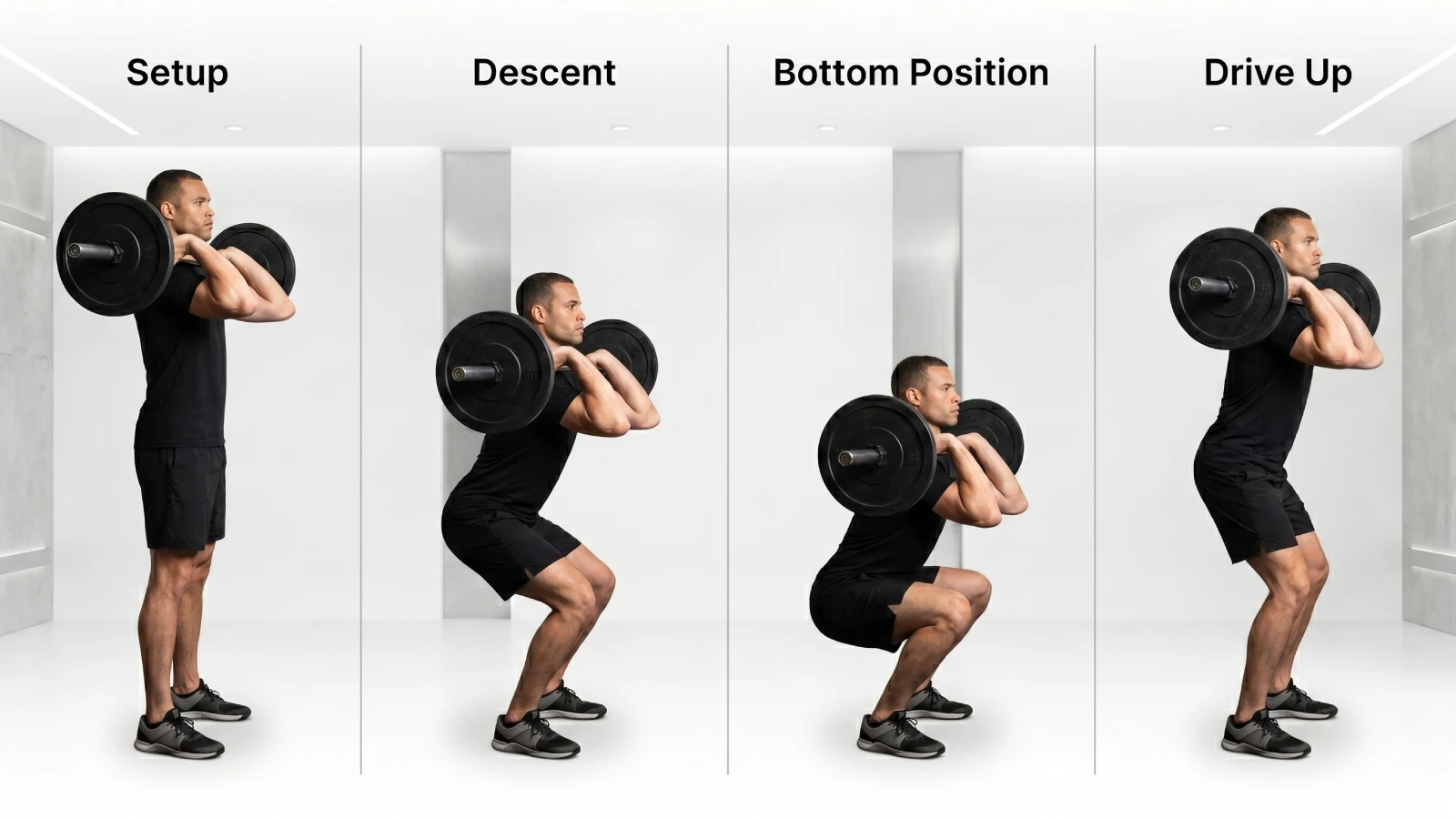 Step by step front squat technique showing setup descent bottom position and ascent