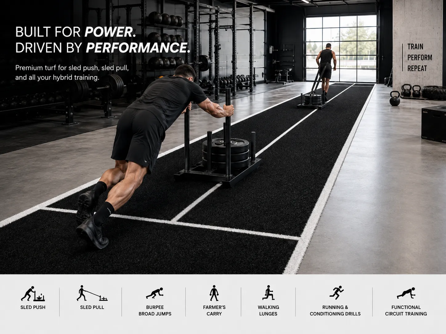 Athlete pushing a weighted sled on marked black training turf in a commercial hybrid fitness gym