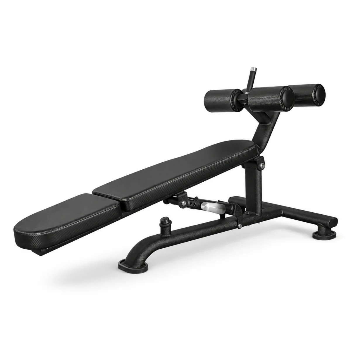 LIFE FIT Alpha Series multi-adjustable abdominal bench with black padded decline bench, foam ankle rollers, and heavy-duty steel frame for core workouts.