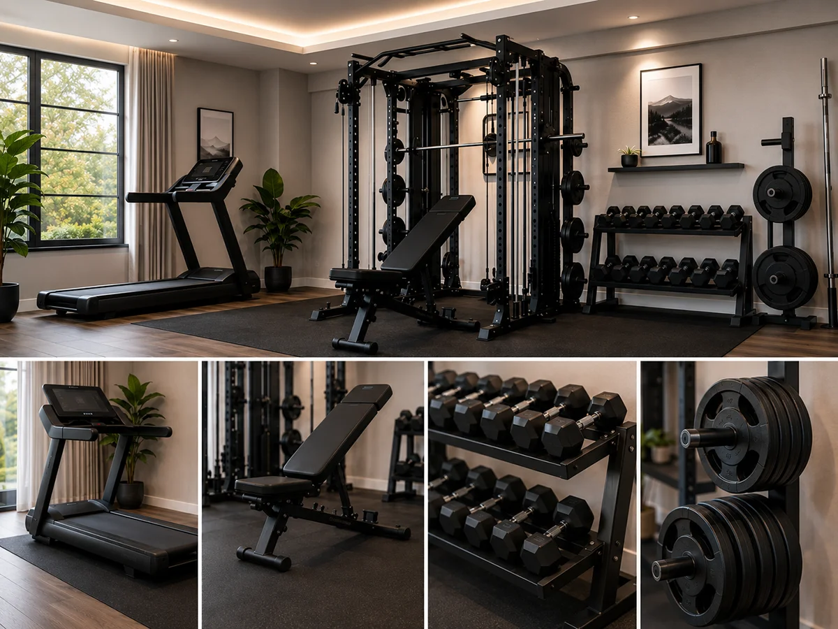 LIFE FIT home gym equipment setup with functional trainer, adjustable bench, dumbbells, weight plates and treadmill