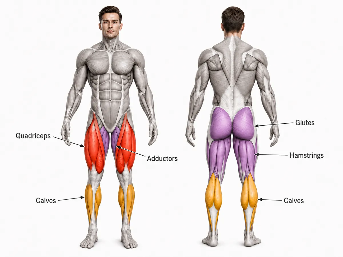 Front and back anatomy illustration showing machine hack squat muscles worked with labels for quadriceps, adductors, glutes, hamstrings, and calves