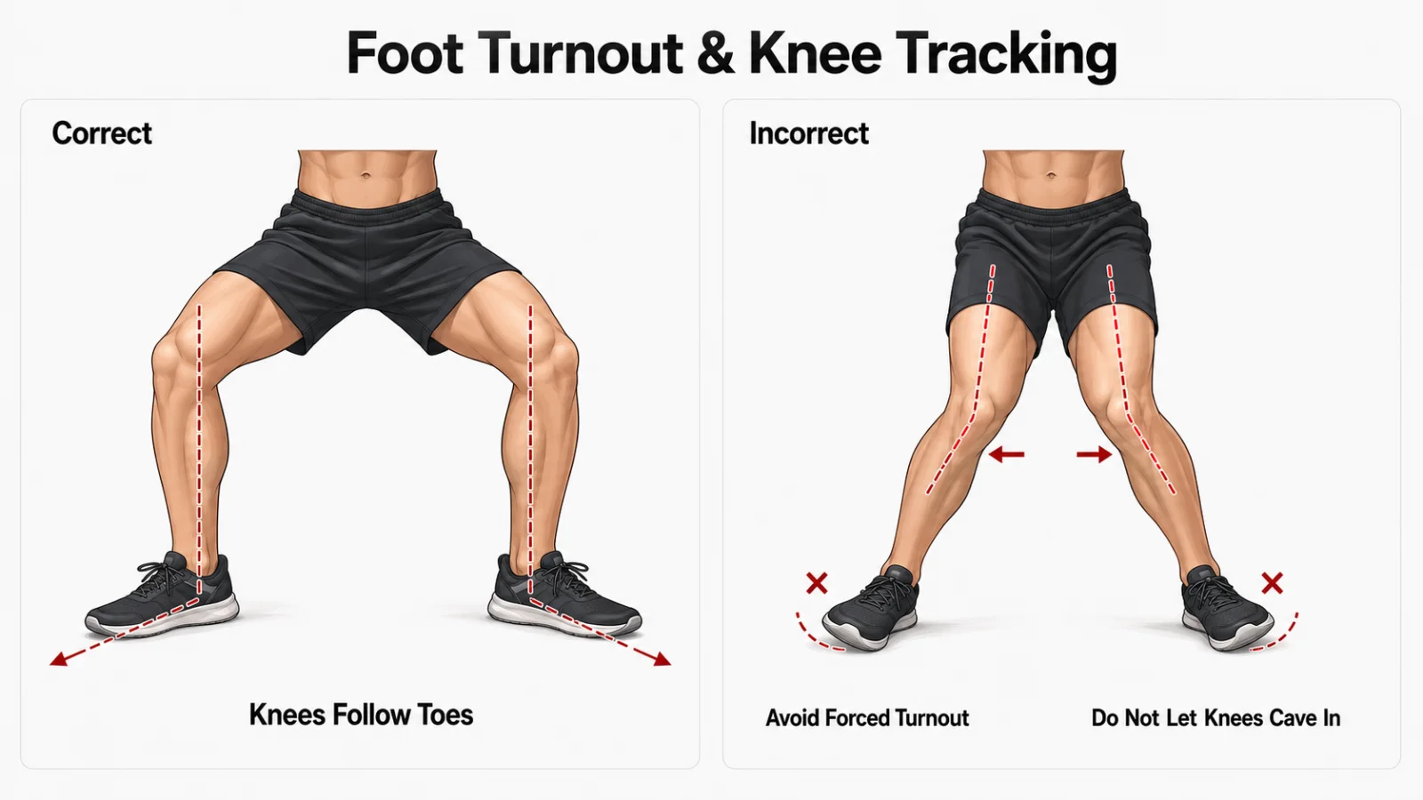 Plie squat foot turnout and knee tracking illustration showing correct stance and common alignment mistake