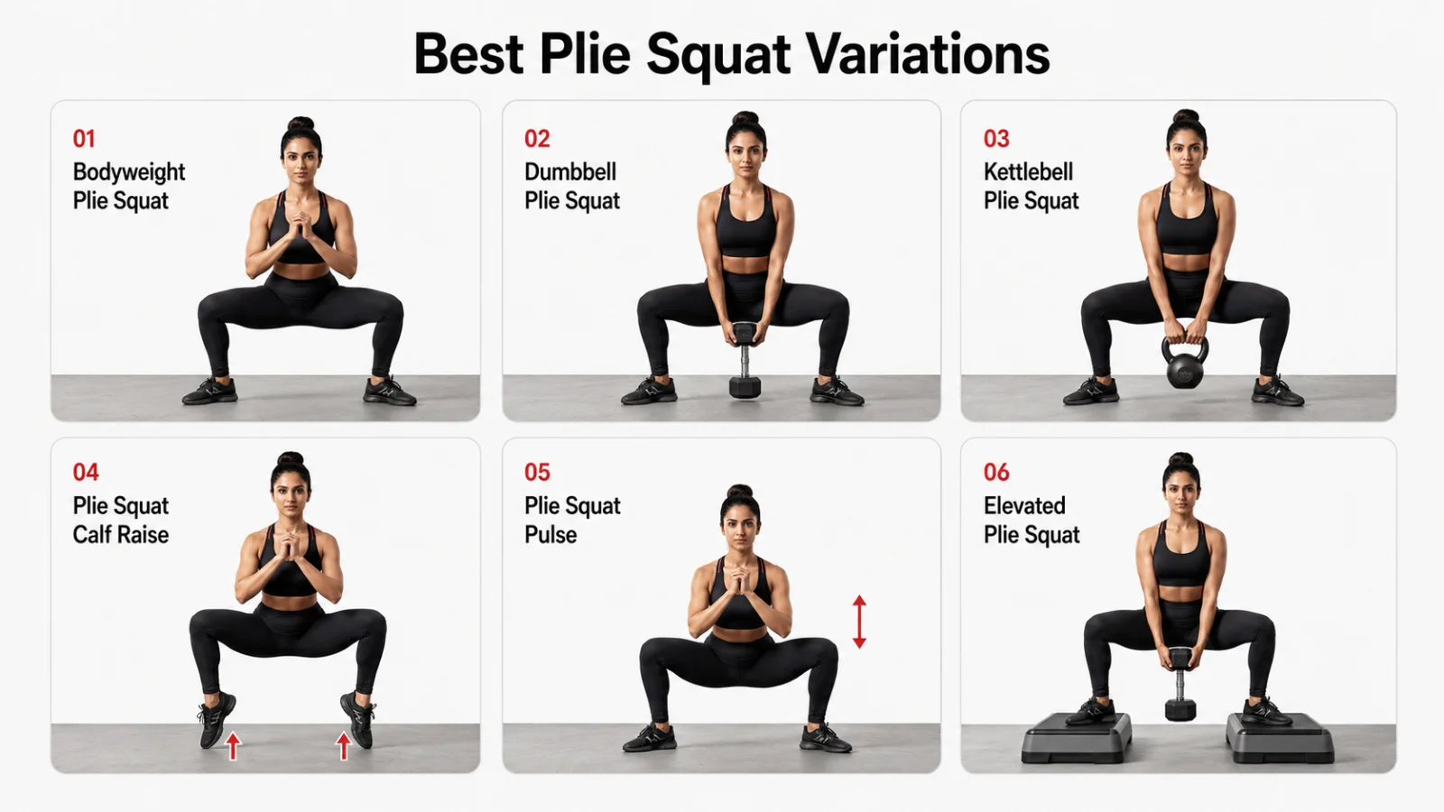 Plie squat variations including bodyweight, dumbbell, kettlebell, pulse, calf raise, and elevated plie squat
