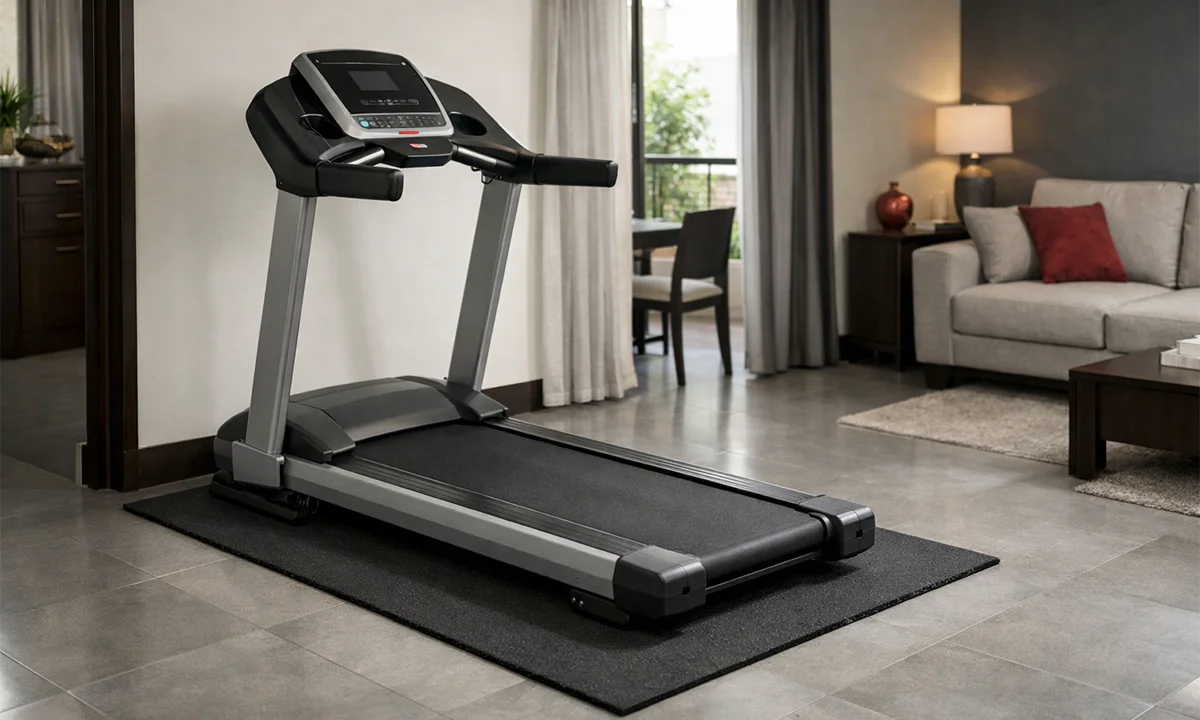 Motorized treadmill placed on a rubber mat inside an Indian apartment to reduce noise and vibration.