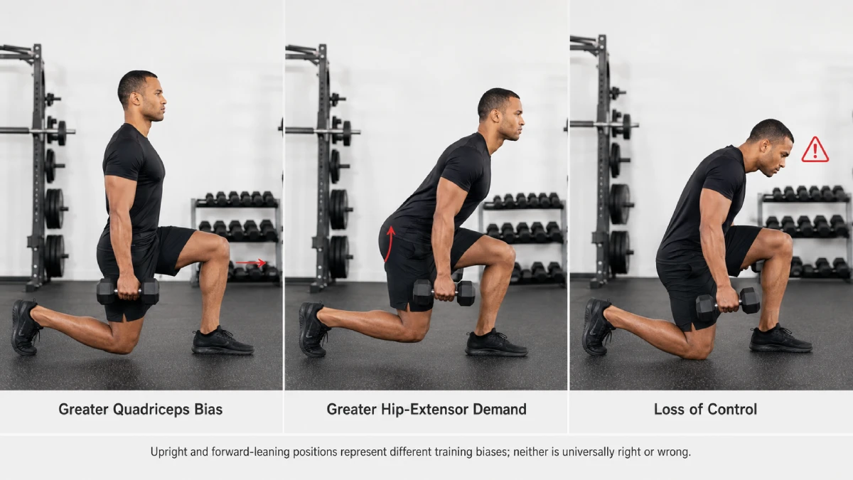 Upright, forward-leaning and excessive torso positions during a dumbbell rear lunge
