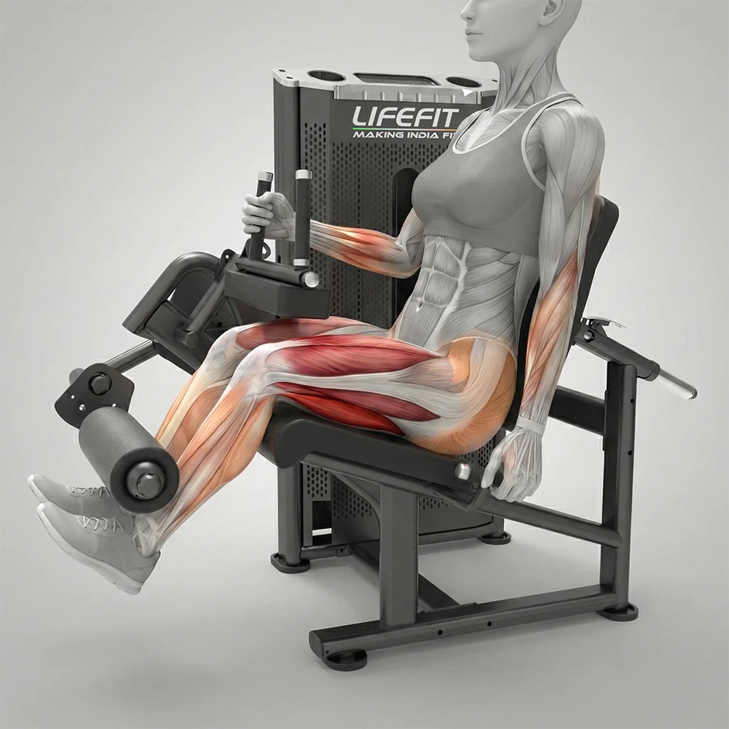 Seated leg curl muscles worked showing hamstring activation including biceps femoris, semitendinosus, and semimembranosus.