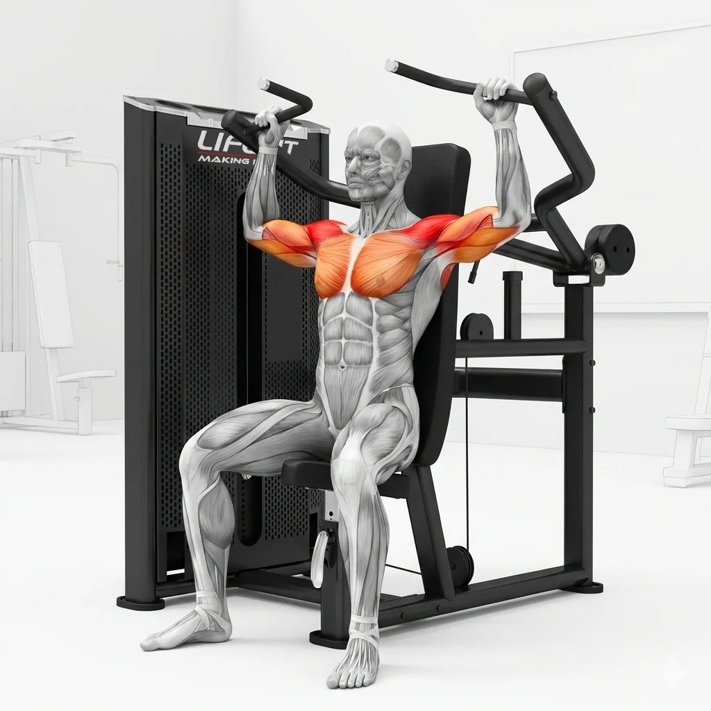Shoulder press machine muscles worked showing deltoids, triceps, and upper chest.
