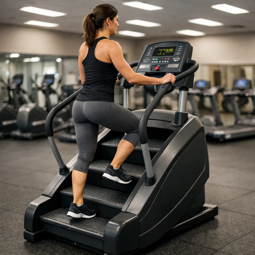 Stair climber machine used for cardiovascular and lower-body endurance training in a gym.