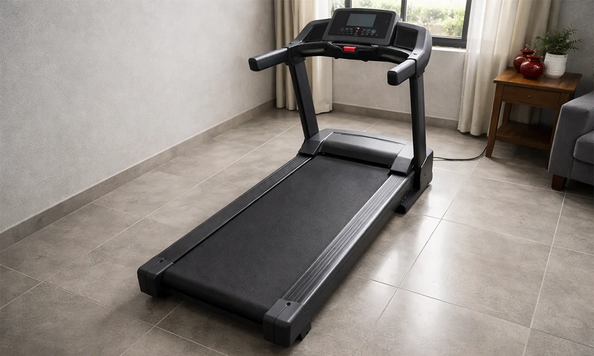 Treadmill running deck showing belt length and width to explain safe walking and running space for home users.